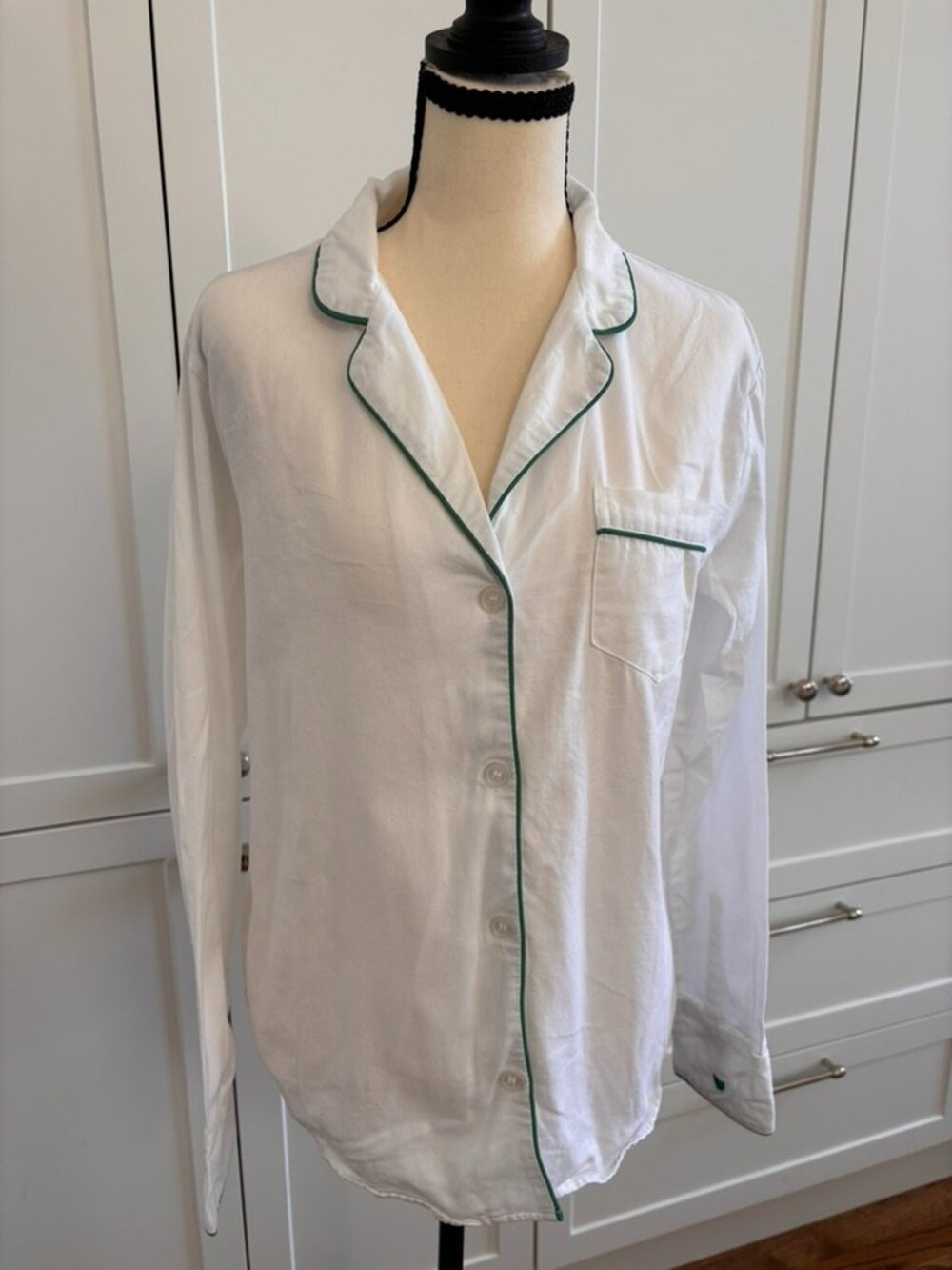 Petite Plume White Pajama Top Green Piping Size S 100% Cotton Top Only